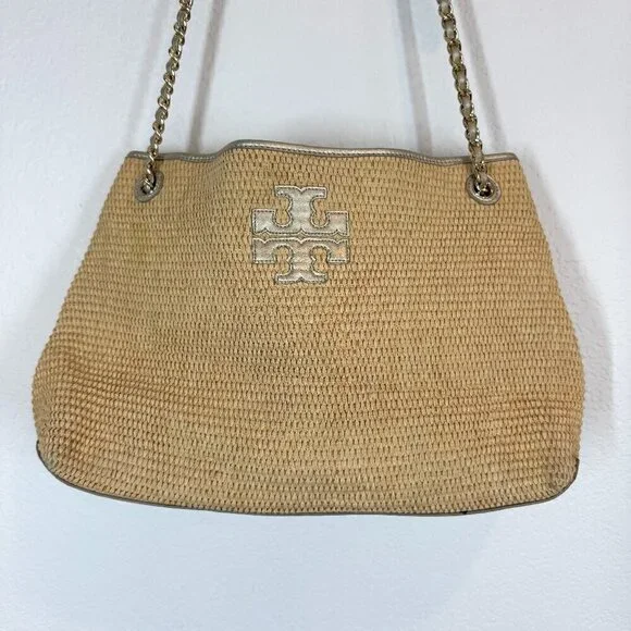 Tory Burch Woven Shoulder Bag Purse Tote Gold Accents Tassels Natural - Picture 3 of 14